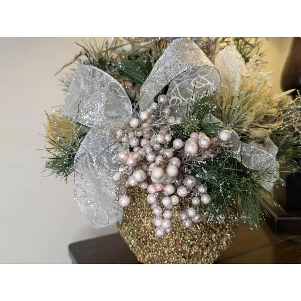 Christmas Fall Floral Arrangement Dining Home Centerpiece Gold Beaded Silver